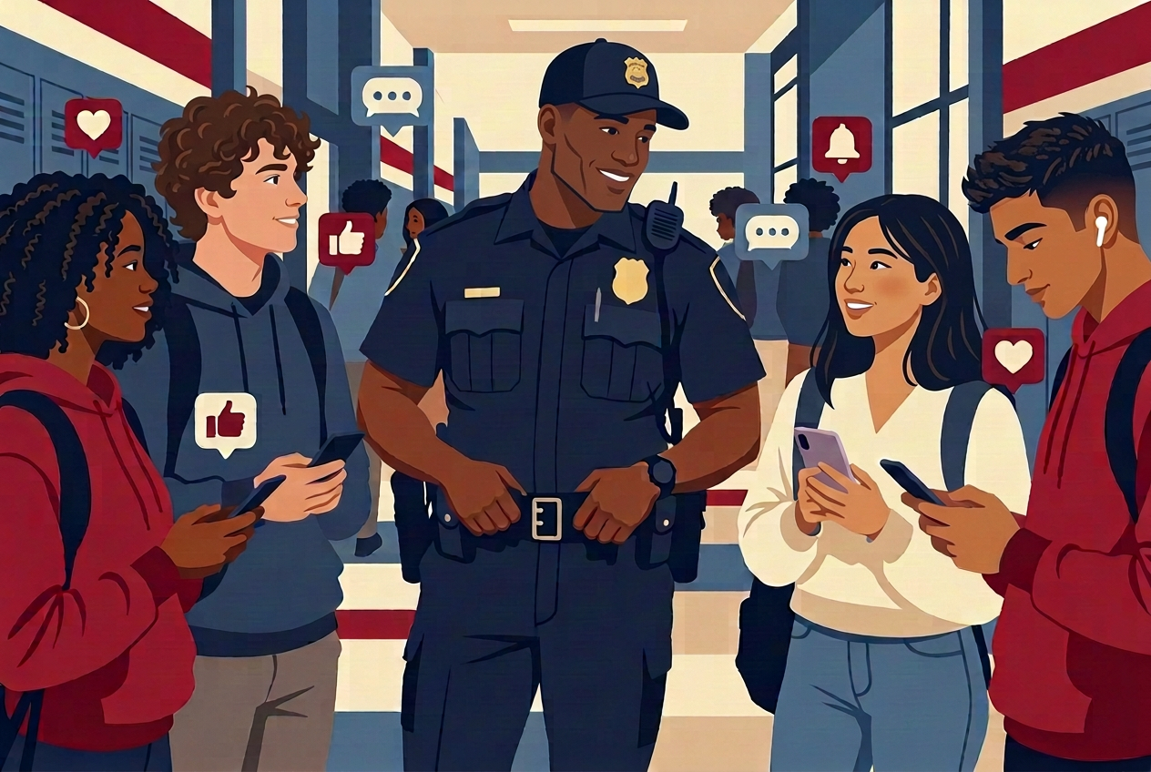 Teens and adults using phones and laptops, with a shield protecting them online